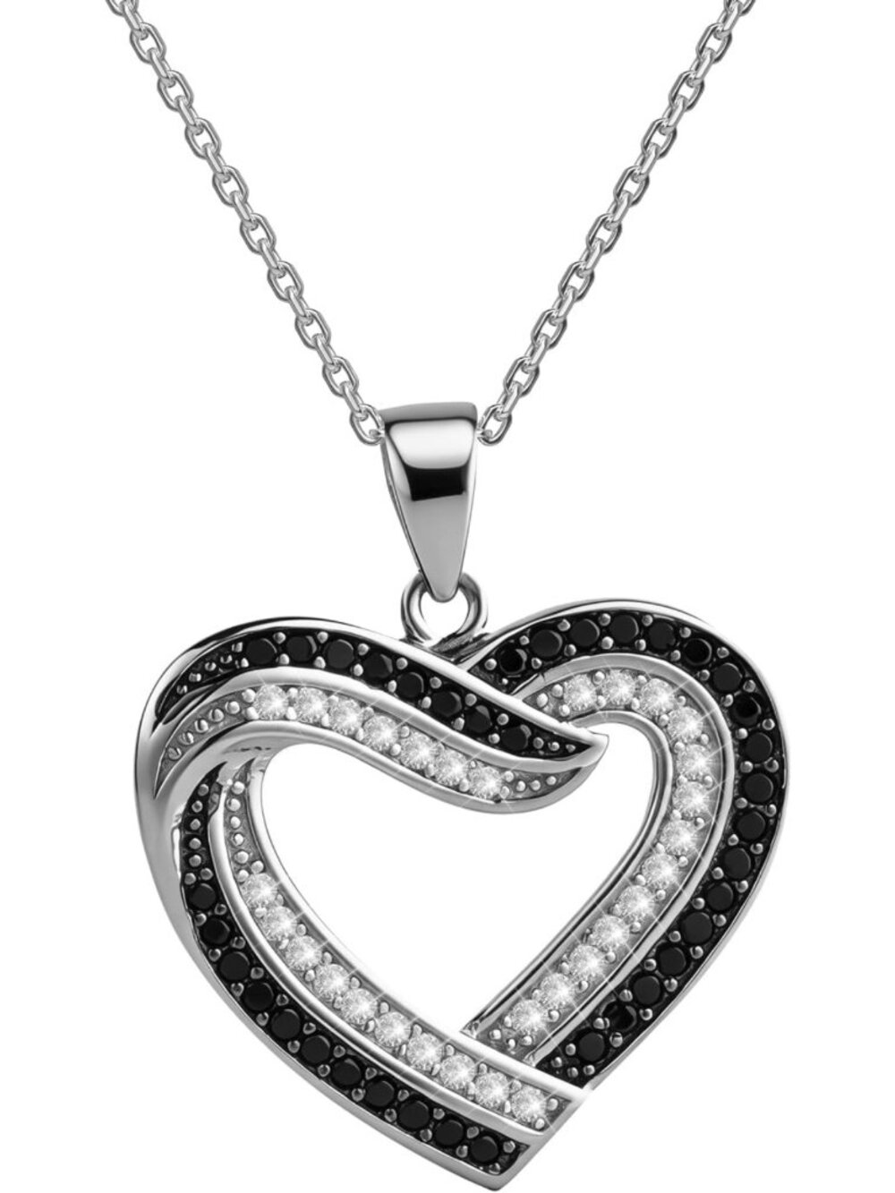 Sterling Silver Heart Pendant Necklace with Black & White Diamond Accents